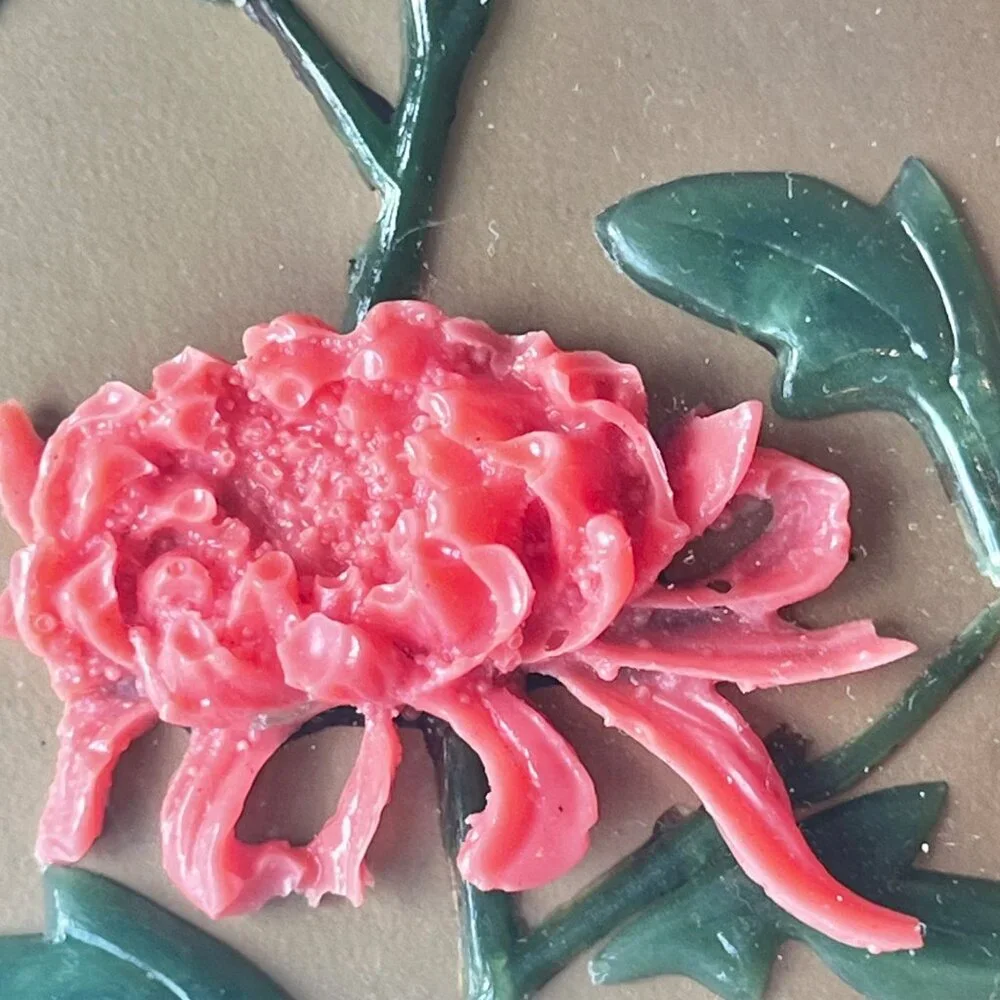 Chinese Carved faux Coral & Faux Jade Wall Art With Vase & Fish Design In Black - Picture 11 of 13